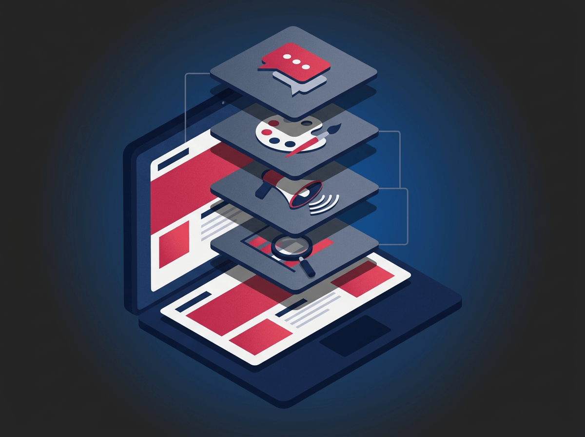 Illustration of Gunpowdr digital services stack including web design SEO and paid ads